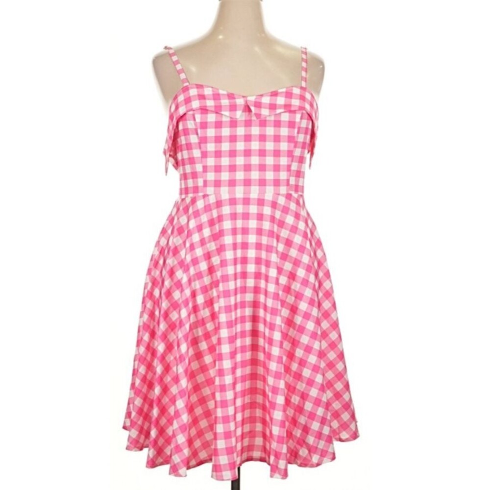 SHEIN CURVE PINK/WHITE CHECKERED PATTERN SLEEVELESS KNEE LENGTH SUMMER DRESS 16